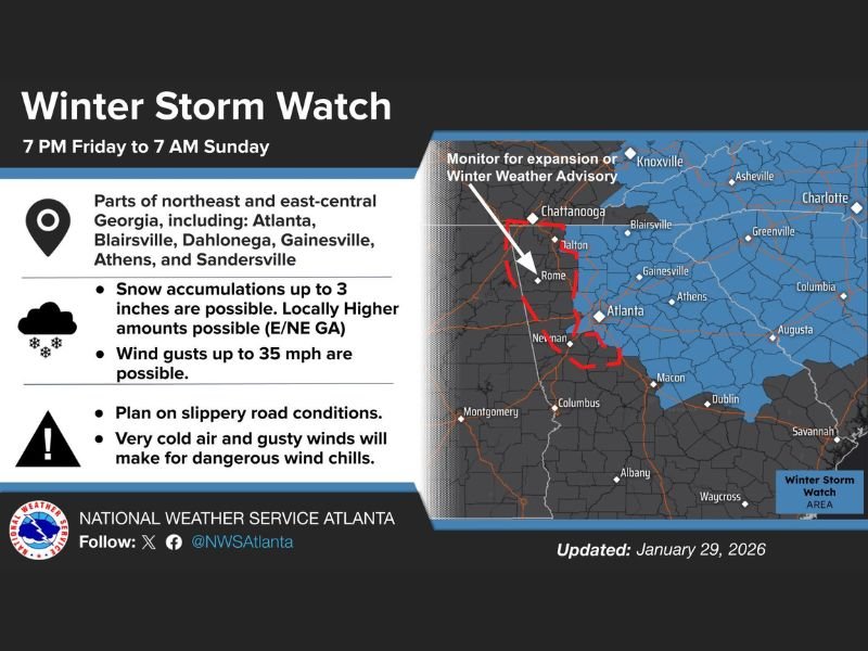 Georgia Winter Storm Watch Expands West as Snow, Strong Winds, and Dangerous Cold Target North and East-Central Counties