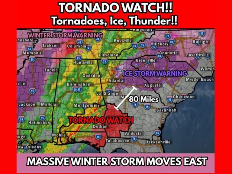 Georgia and Southeast Face Rare Collision of Ice Storm Warnings and Tornado Threat as Massive Winter System Pushes East