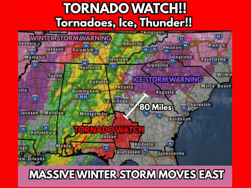 Georgia and Southeast Face Rare Collision of Ice Storm Warnings and Tornado Threat as Massive Winter System Pushes East