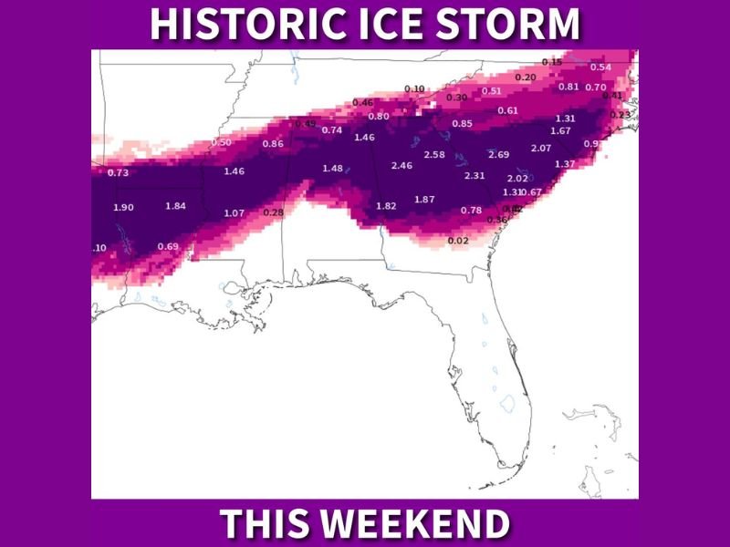 Historic Ice Storm Threat Builds Across Texas, Louisiana, Mississippi, Alabama, Georgia, North Carolina, and Virginia With Catastrophic Impacts Possible This Weekend
