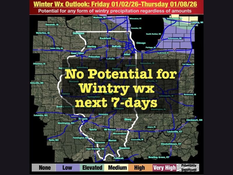Illinois Weather Outlook Shows No Wintry Precipitation Expected for the Next 7 Days as 2026 Begins Mild and Dry