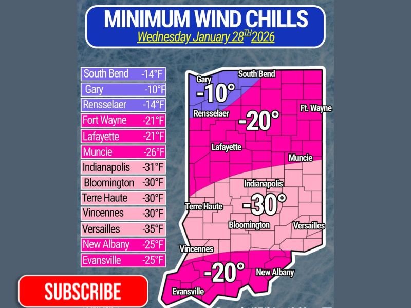 Indiana Braces for Dangerous Overnight Cold as Wind Chills Plunge to -35°F by Wednesday Morning