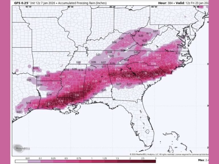 Louisiana, Mississippi, Alabama, Georgia, Tennessee, Carolina, and Virginia Face Potential Freezing Rain Threat January 20–23