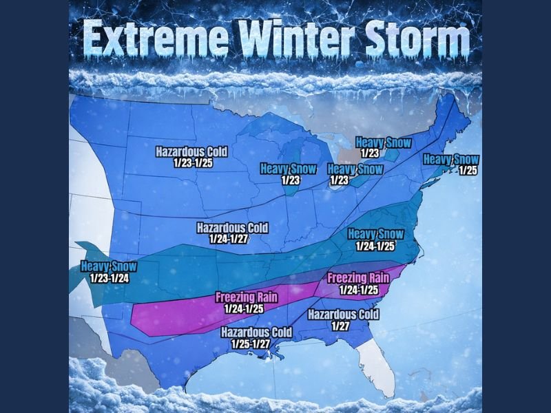 Major Winter Storm Threatens Texas, Oklahoma, Arkansas, Tennessee, Alabama, Georgia, North Carolina, and Great Lakes States With Snow, Ice, and Arctic Cold