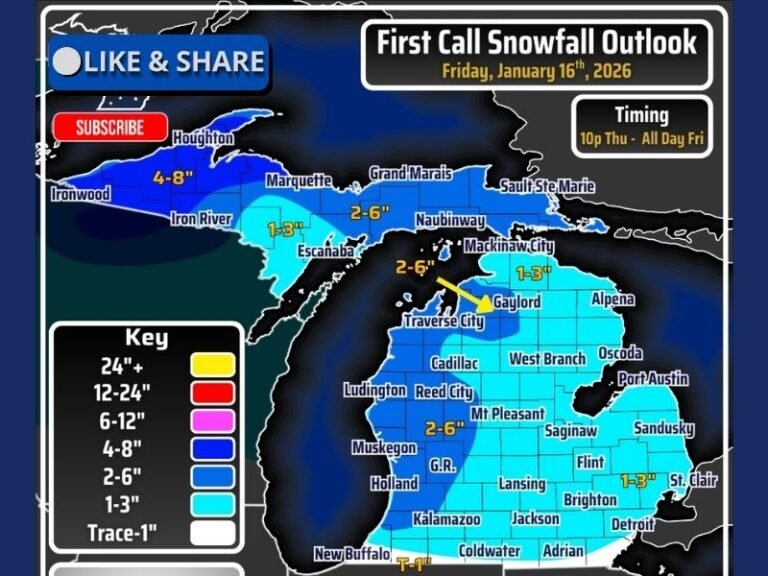 Michigan Braces for a Snowy Weekend as Lake-Enhanced Clipper Targets 4–8 Inches Along Lake Superior and Lake Michigan