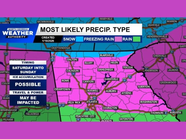 North Georgia Ice Storm Risk Rising as Prolonged Freezing Rain Threatens Travel and Power From Saturday Into Sunday