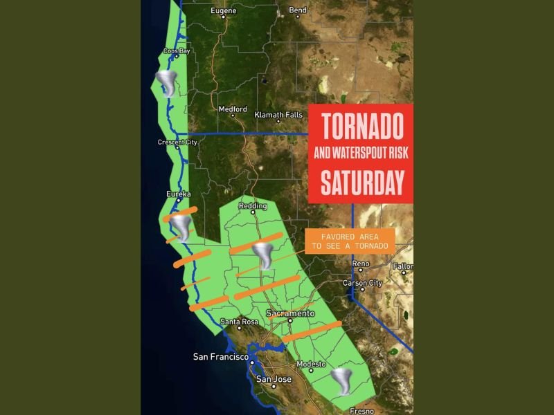 Northern California, Central Valley, and Southwest Oregon Face Low-End Tornado and Waterspout Risk Along Coastal and Inland Areas Saturday
