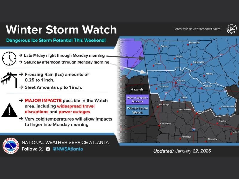 Northern Georgia Braces for High-Impact Ice Storm as Freezing Rain Threatens Travel, Power, and Prolonged Cold This Weekend