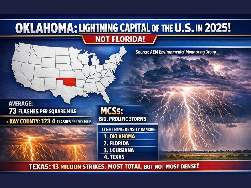 Oklahoma Overtakes Florida as the Nation’s Lightning Capital in 2025, New Data Shows
