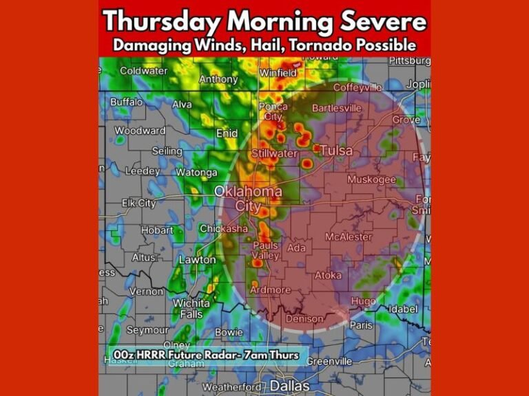 Oklahoma Under Thursday Morning Severe Weather Threat With Damaging Winds, Large Hail, and Brief Tornado Potential
