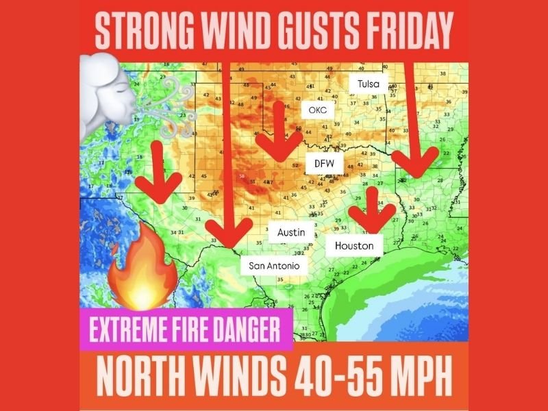Oklahoma and Texas Face Dangerous Wind Event Friday as 40–55 MPH Gusts Raise Extreme Fire Risk