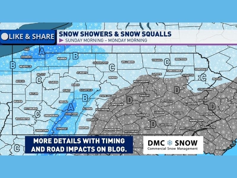 Pennsylvania Snow Showers and Snow Squalls Set to Return Sunday as Cold Front Ends January Thaw
