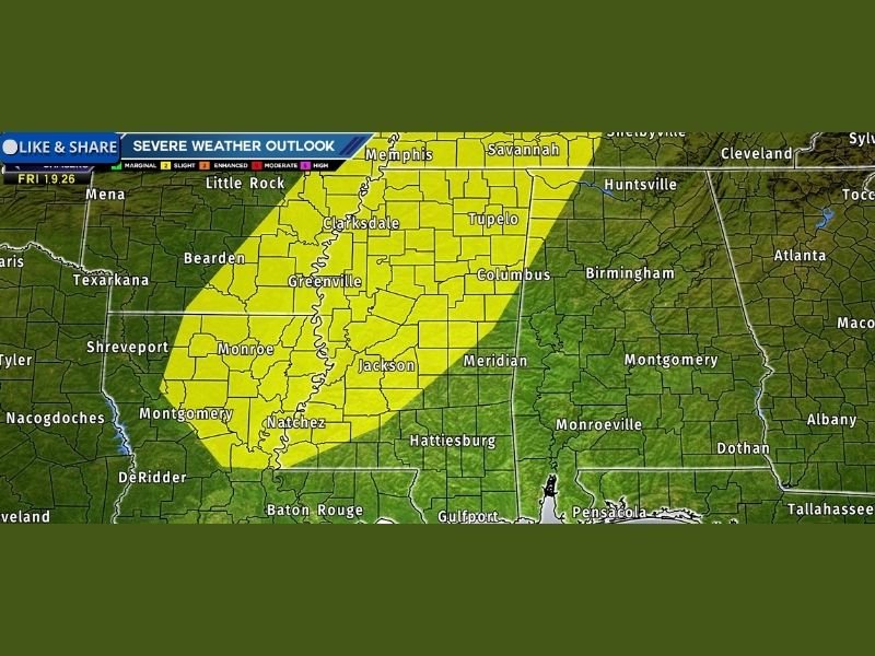 Severe Storm Threat Expected Friday Across Mississippi, West Tennessee, and Northwest Alabama as SPC Issues Slight Risk