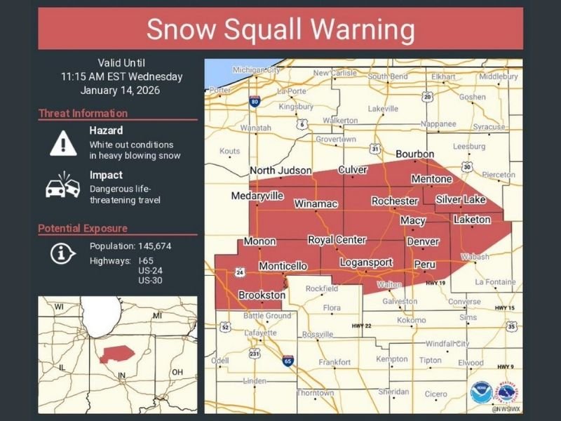 Snow Squall Warning Issued for North-Central Indiana Until 11:15 AM as Whiteout Conditions Threaten Major Highways