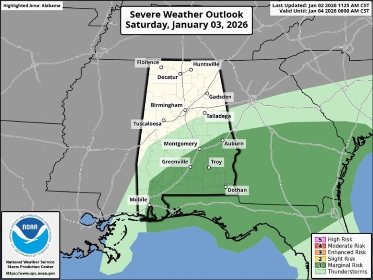 Southeast Alabama Under Marginal Severe Storm Risk Saturday as Isolated Strong Wind Gusts Remain Possible
