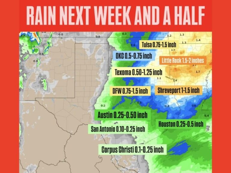 Southern Plains Set for Widespread Rainfall Next Week as Oklahoma, North Texas, Arkansas, and Louisiana Brace for Highest Totals