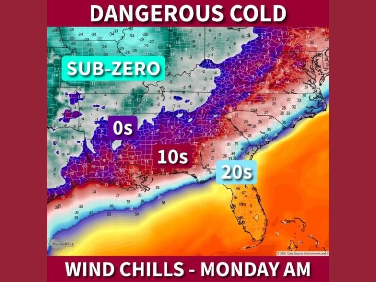 Texas, Louisiana, Mississippi, Alabama, Georgia, and the Carolinas Face Life-Threatening Post-Storm Arctic Cold With Sub-Zero Wind Chills