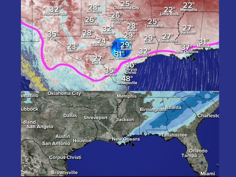 Texas, Louisiana, Mississippi, Alabama, and Georgia Face Cold Weekend as Snow Threat Shifts East of Southeast Texas
