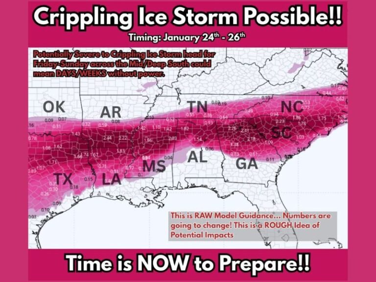Texas, Oklahoma, Arkansas, Louisiana, Mississippi, Tennessee, Alabama, Georgia, and North Carolina Face Potentially Crippling Ice Storm With Historic Accumulations January 24–26