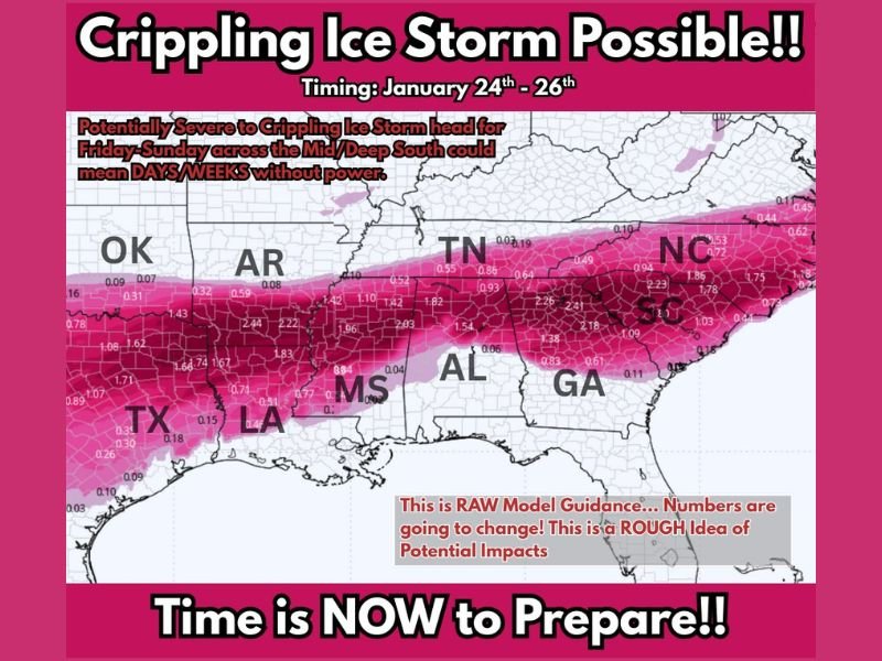 Texas, Oklahoma, Arkansas, Louisiana, Mississippi, Tennessee, Alabama, Georgia, and North Carolina Face Potentially Crippling Ice Storm With Historic Accumulations January 24–26
