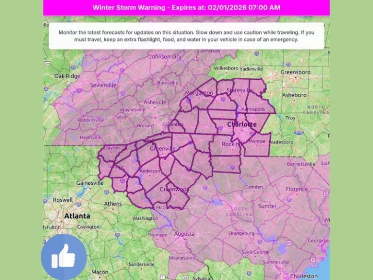 Winter Storm Warning Expands Across Georgia, North Carolina, and South Carolina as Heavy Snow and Dangerous Travel Loom