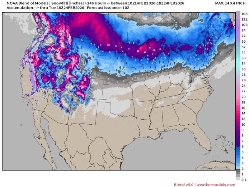 10-Day NOAA Snowfall Outlook Shows Heavy Western Mountain Totals and 3–6 Inches Across Northern Illinois and the Great Lakes