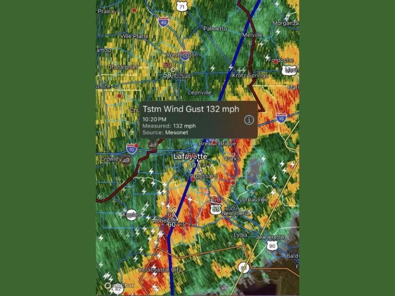 132 MPH Wind Gust Reported West of Lafayette, Louisiana as Powerful Overnight Storm Line Rips Across Acadiana