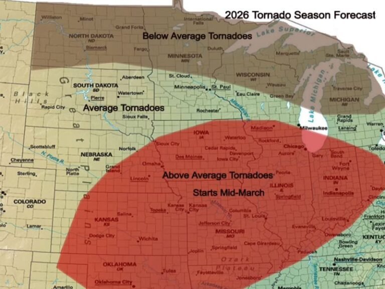 2026 Tornado Season Forecast: Above-Average Risk from Oklahoma and Kansas Through Missouri, Illinois, Indiana and Iowa Starting Mid-March