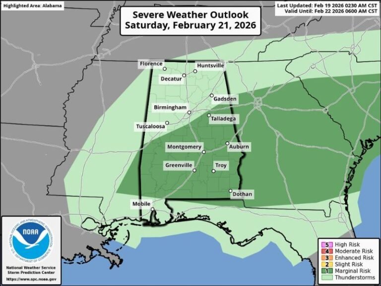 Alabama Braces for 80-Degree Warmth, Weekend Storm Risk, Then a Sharp Freeze as February Swings Wildly