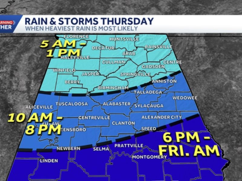 Alabama Braces for Heavy Rain and Thunderstorms Thursday as Storms Shift from Tuscaloosa and Birmingham South of I-20 by Night