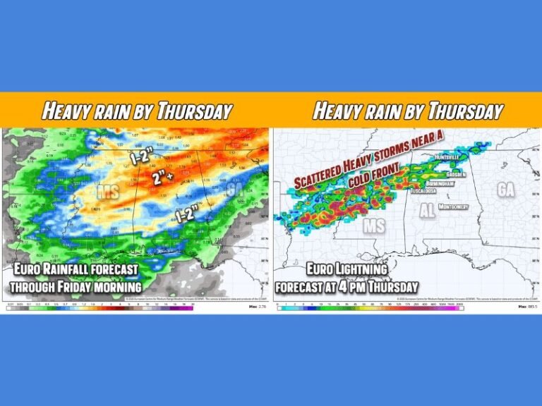 Alabama Braces for Near 70° Warm-Up and Heavy Rain by Thursday as Cold Front Sparks Windy Storm Threat