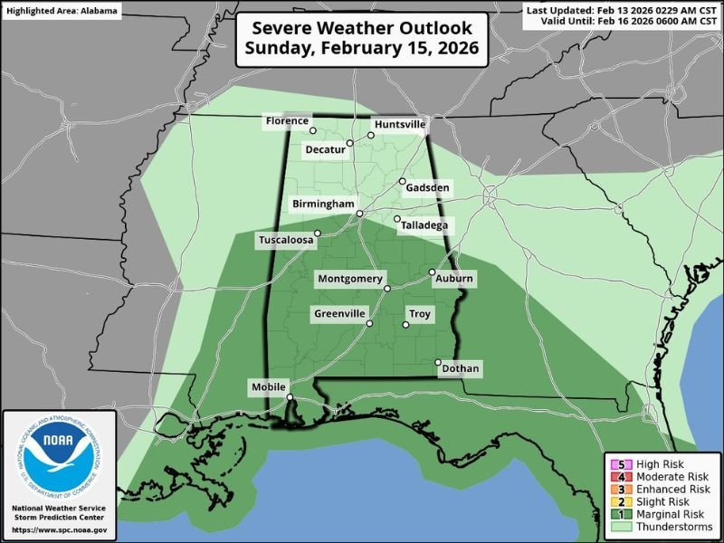 Alabama Forecast: Sunny 70s Friday, 1+ Inch Sunday Rain and Marginal Severe Risk Near Mobile and Baldwin Counties