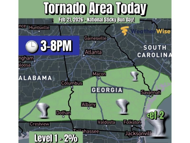 Alabama and Georgia Face a Late-Day Storm Line With a Low-End Tornado Risk, Gusty Winds and Small Hail Possible Between 3–8 PM