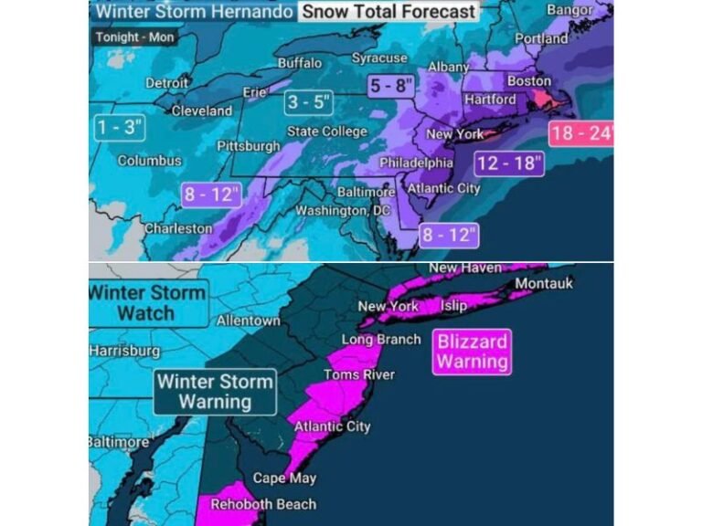 Blizzard Warning Issued for Jersey Coast, New York City and Long Island as Winter Storm Hernando Targets Mid-Atlantic Into New England Through Monday Afternoon