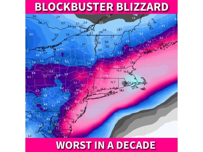 Blockbuster Northeast Blizzard Threatens I-95 From Philadelphia to Boston Sunday Into Monday With Up to Two Feet and 60–70 MPH Gusts
