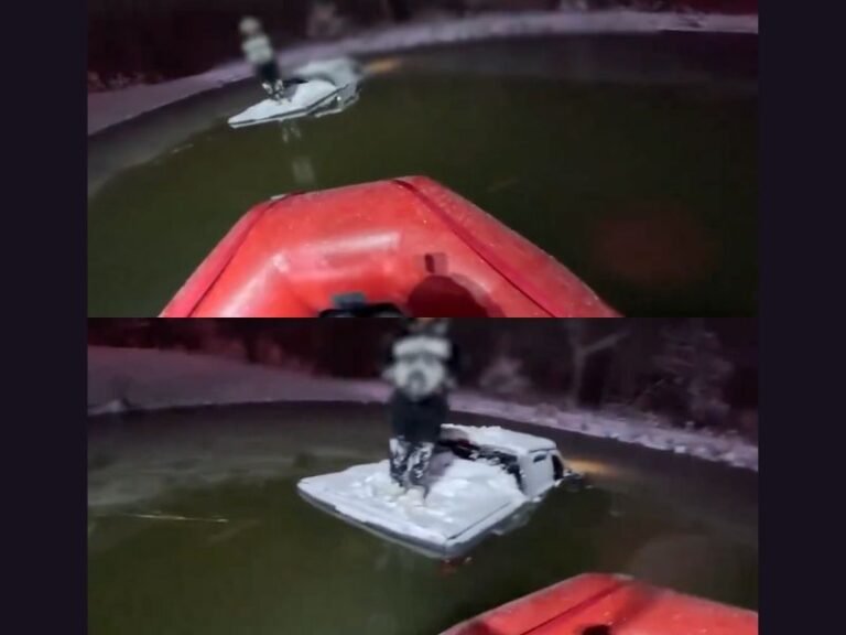 Charlotte Fire Department Boat Rescue in Snowstorm Shows Man Stranded on Truck as Water Rises in North Carolina