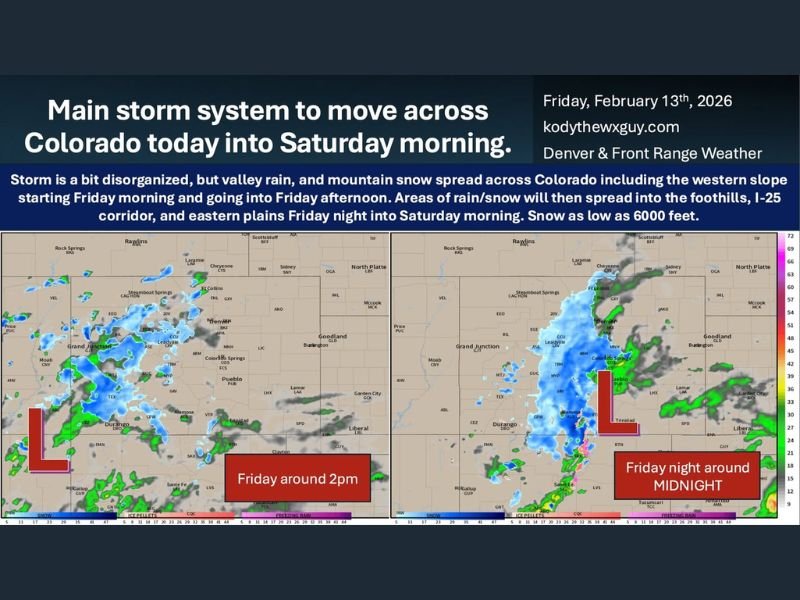 Colorado Storm System Brings Mountain Snow and I-25 Corridor Rain Into Early Saturday as Snow Levels Drop Near 6,000 Feet