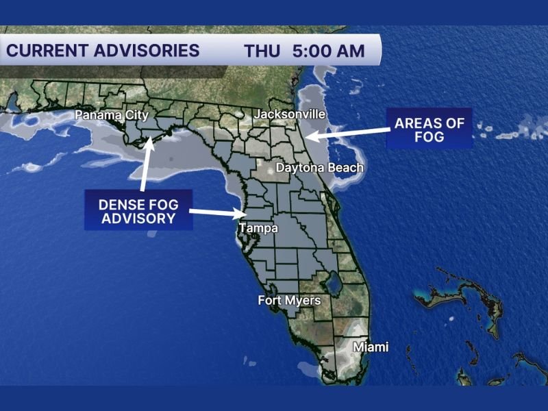 Dense Fog Advisory Expanded Across Central Florida Including Orlando and Tampa, Dangerous Visibility Expected Until 10AM