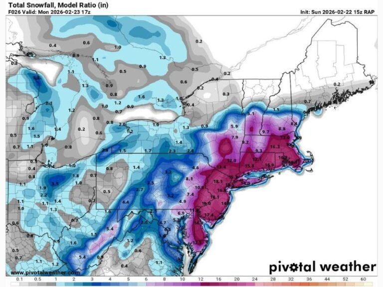 Eastward Shift Cuts Central Pennsylvania Snow Totals, but Delaware to Southern New England Still Targeted for 1–2 Feet and Blizzard Conditions