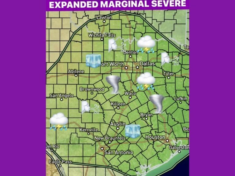 Expanded Marginal Severe Risk Across North and Central Texas as Slow-Moving Storm Threatens 50–60 MPH Winds and Heavy Rain Through Valentine’s Night