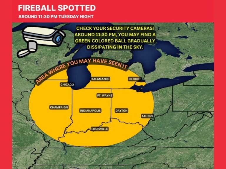 Fireball Spotted Near Chicago, Detroit, Indianapolis and Dayton Around 11:30 PM Tuesday — Reports Span Illinois, Indiana, Michigan, Ohio and Kentucky