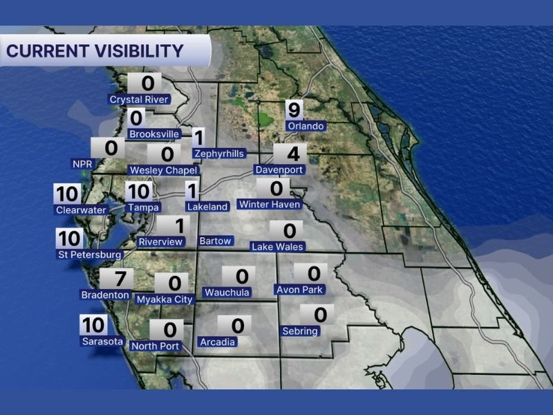 Florida Coast Shrouded in Dense Fog as Visibility Drops to Zero from Crystal River to Sebring