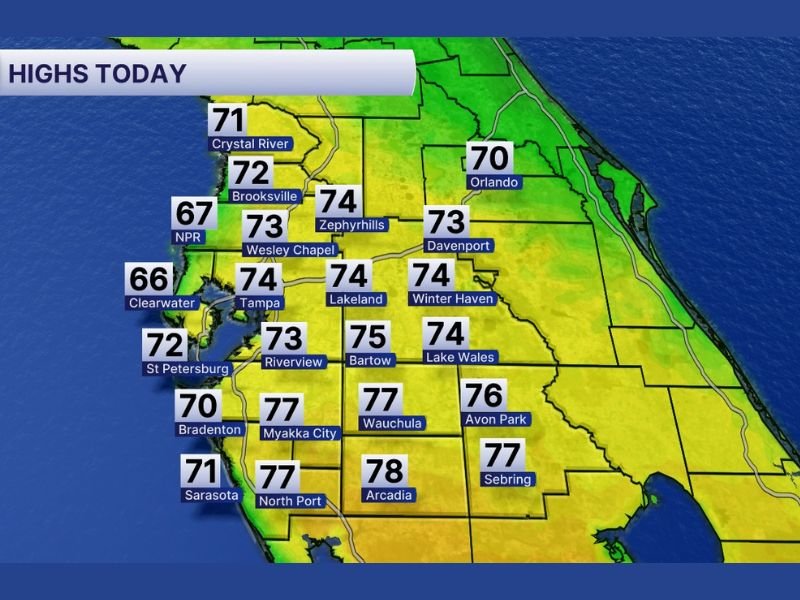 Florida Gulf Coast Warms Into the Mid-70s Monday as Sunshine Returns, But Coastal Cities Stay Cooler With Gulf Breeze