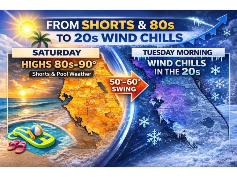 Florida Weather Whiplash: Saturday Brings 80s–90s Heat, Then Tuesday Morning Wind Chills Crash Into the 20s in a 50–60 Degree Swing
