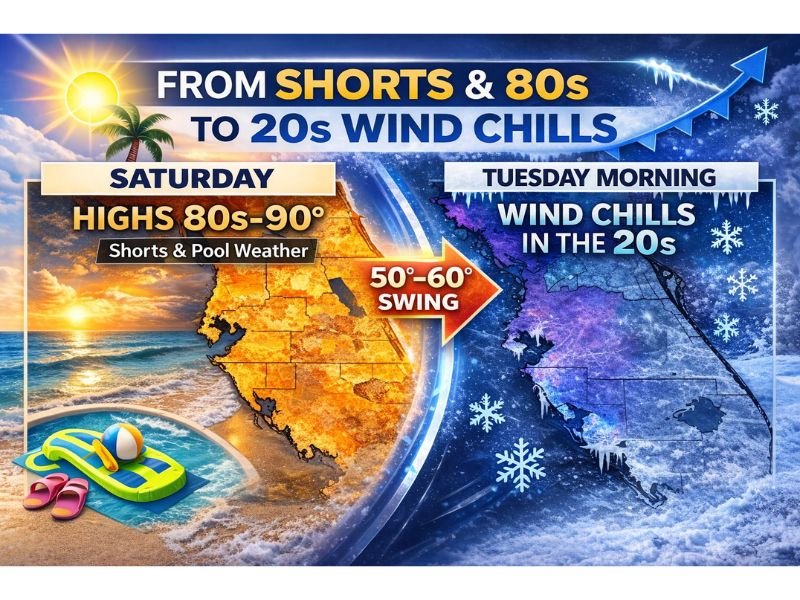 Florida Weather Whiplash: Saturday Brings 80s–90s Heat, Then Tuesday Morning Wind Chills Crash Into the 20s in a 50–60 Degree Swing