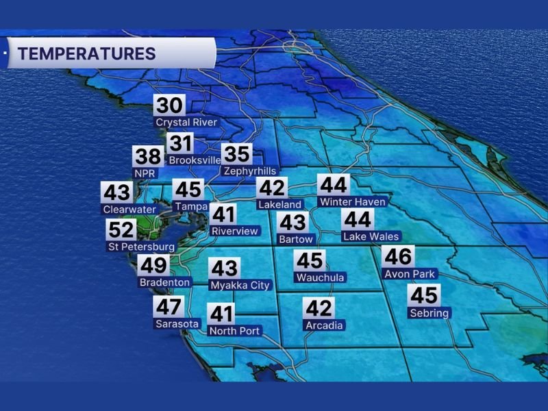 Florida’s Tampa Bay Wakes Up in the 30s and 40s, Then Jumps Back to the 70s Later Today as Warm Week Builds