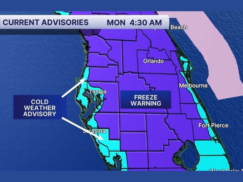 Freeze Warnings Blanket Central Florida Including Orlando and Tampa as Rare Winter Chill Grips the Sunshine State Tuesday Morning