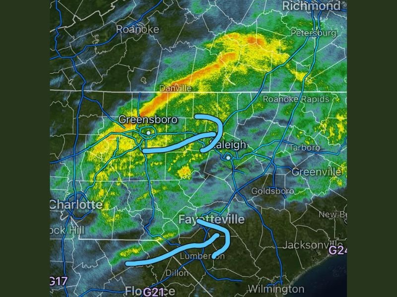 Heavy Morning Rain Sweeps Across Central North Carolina From Greensboro to Raleigh, Expanding Toward Eastern NC Before Clearing West to East Tonight