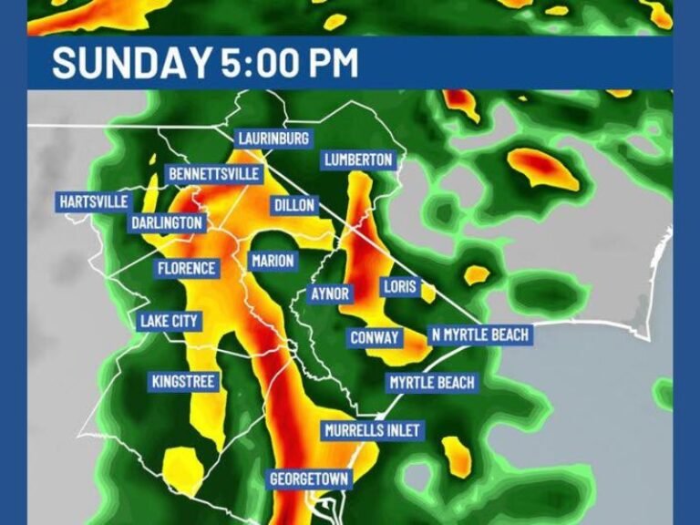 Heavy Rain Bands Target Coastal South Carolina Sunday Evening as Downpours Bring Up to One Inch From Florence to Myrtle Beach