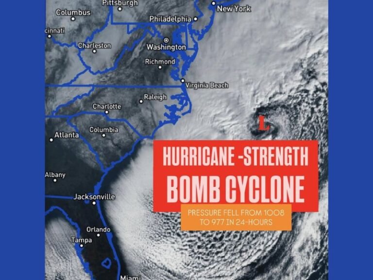 Hurricane-Strength Bomb Cyclone Explodes Off North Carolina Coast as Pressure Plunges Over 30 Millibars in 24 Hours